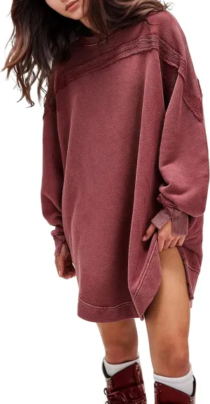Women Casual Dresses Oversized Long Sleeve Sweatshirt Dresses Crewneck Tunic Tops Pullover Loose Fitting Mini Dresses