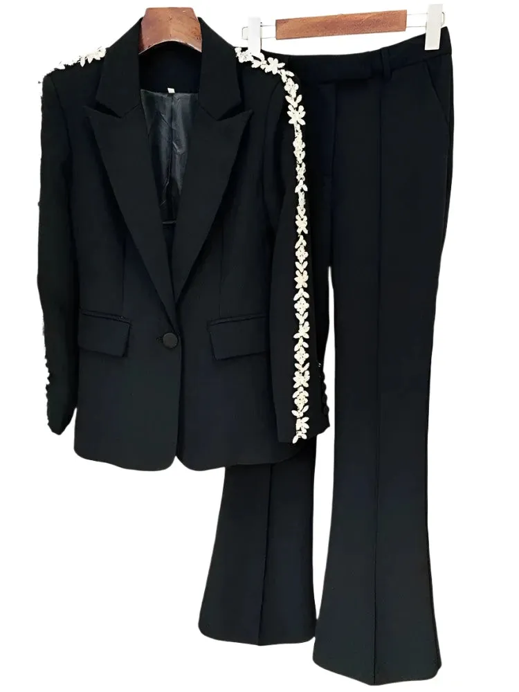 Women Pant Suit - Diamonds Beaded Blazer, Flare Trousers