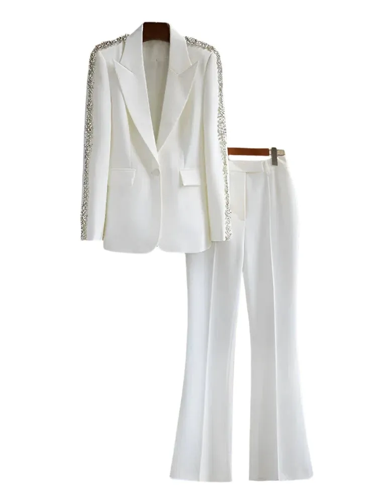 Women Pant Suit - Diamonds Beaded Blazer, Flare Trousers
