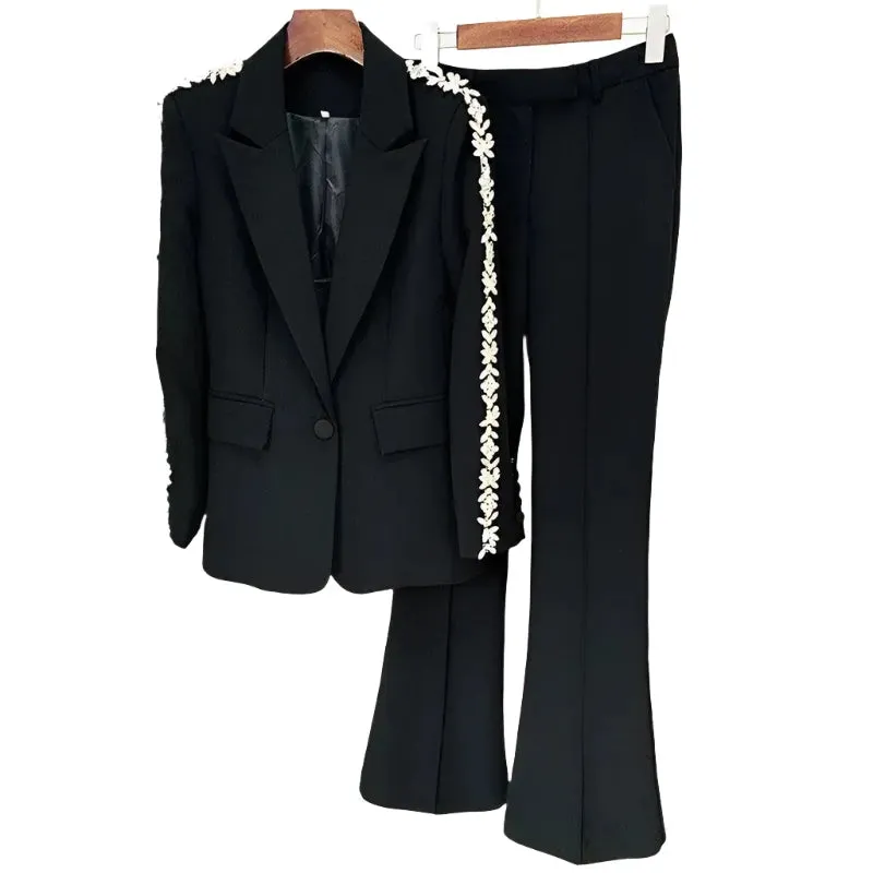 Women Pant Suit - Diamonds Beaded Blazer, Flare Trousers