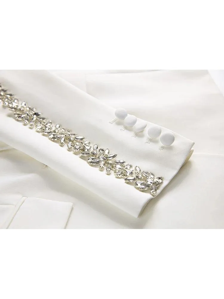 Women Pant Suit - Diamonds Beaded Blazer, Flare Trousers