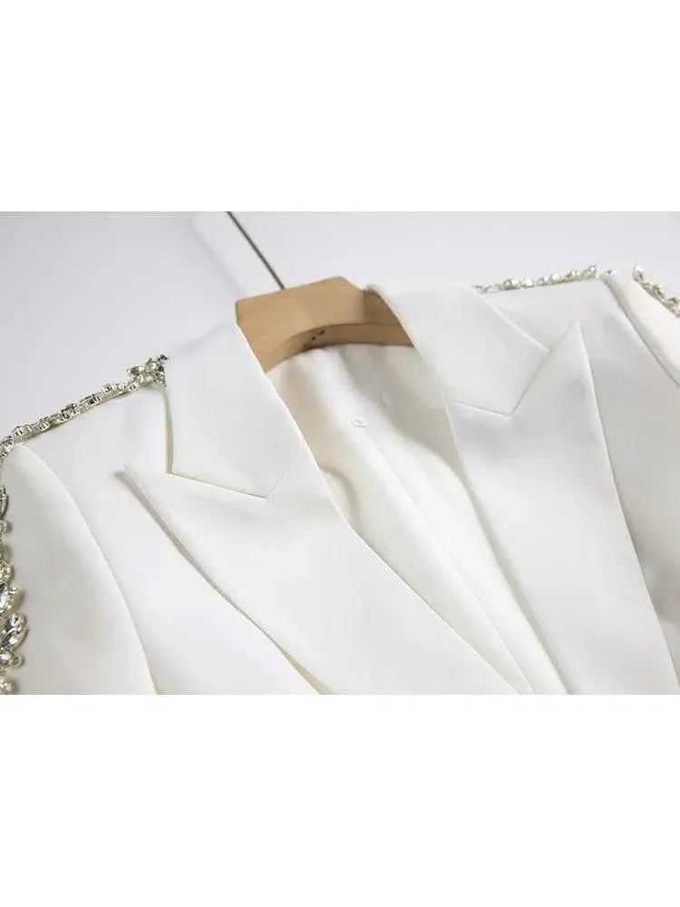 Women Pant Suit - Diamonds Beaded Blazer, Flare Trousers