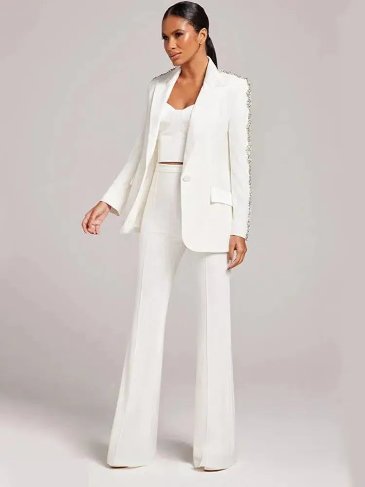 Women Pant Suit - Diamonds Beaded Blazer, Flare Trousers