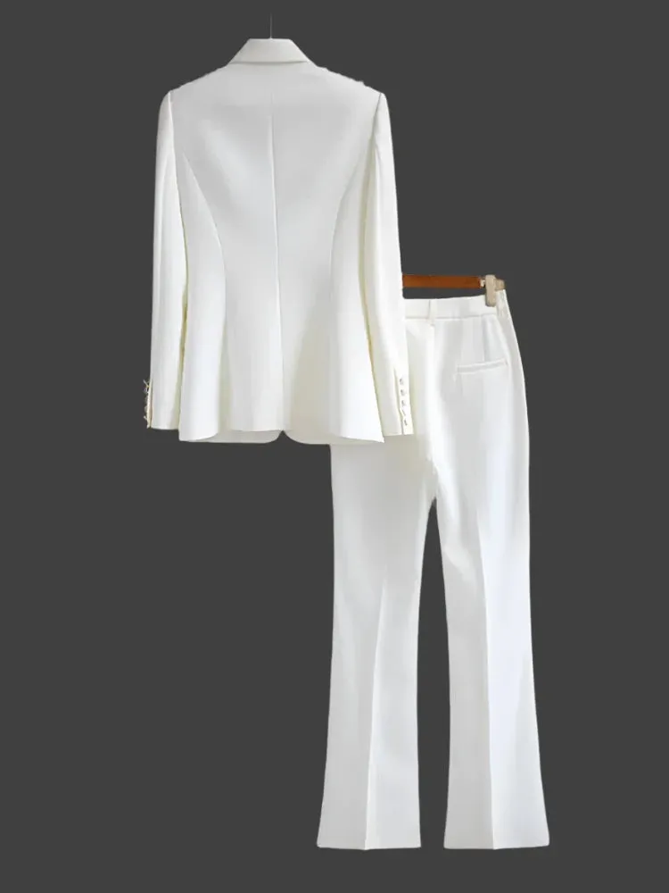 Women Pant Suit - Diamonds Beaded Blazer, Flare Trousers