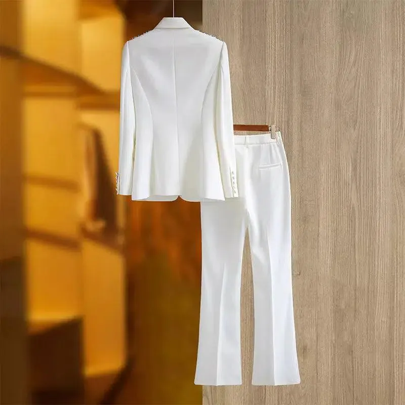 Women Pant Suit - Diamonds Beaded Blazer, Flare Trousers