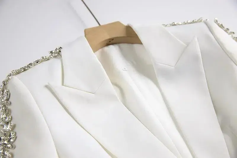 Women Pant Suit - Diamonds Beaded Blazer, Flare Trousers