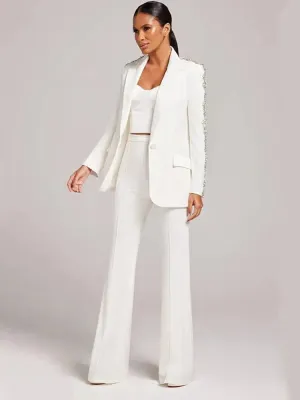 Women Pant Suit - Diamonds Beaded Blazer, Flare Trousers
