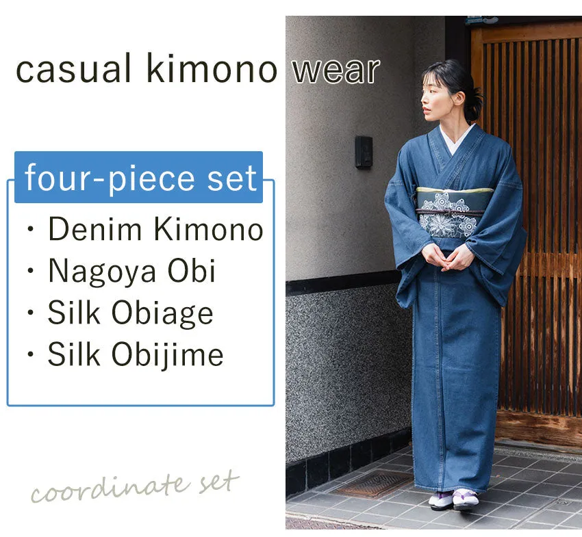 Women's Denim Kimono 4-Piece Set (Kimono, Obi, Obiage, Obijime) for everyday wear