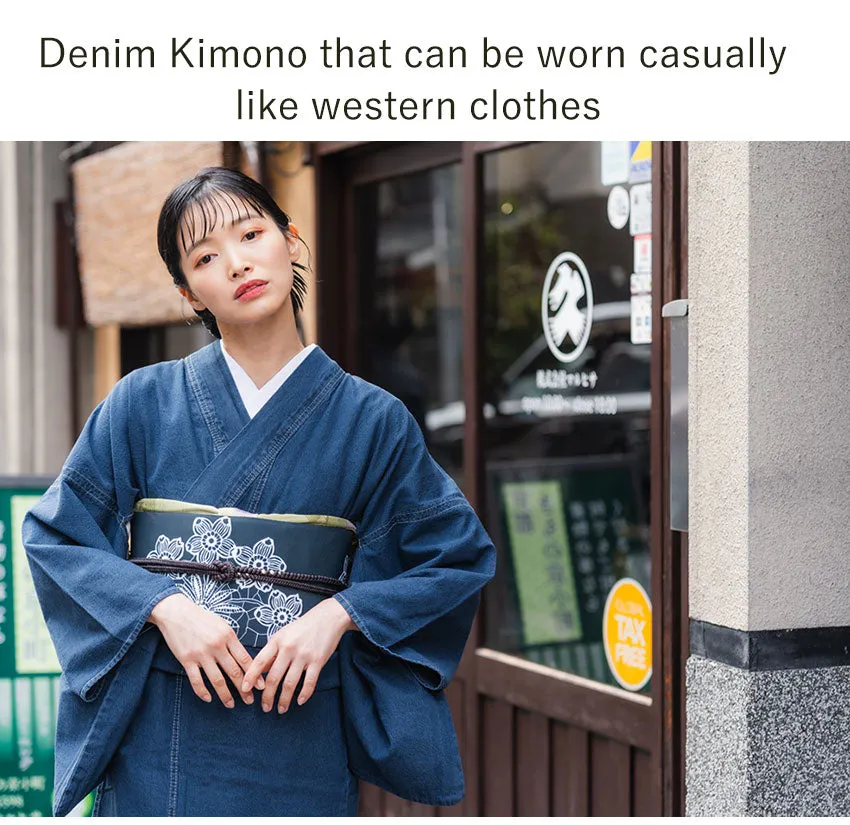 Women's Denim Kimono 4-Piece Set (Kimono, Obi, Obiage, Obijime) for everyday wear