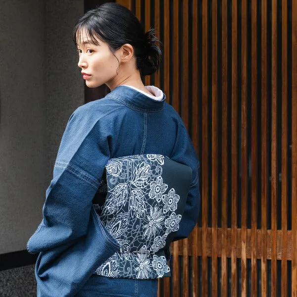 Women's Denim Kimono 4-Piece Set (Kimono, Obi, Obiage, Obijime) for everyday wear
