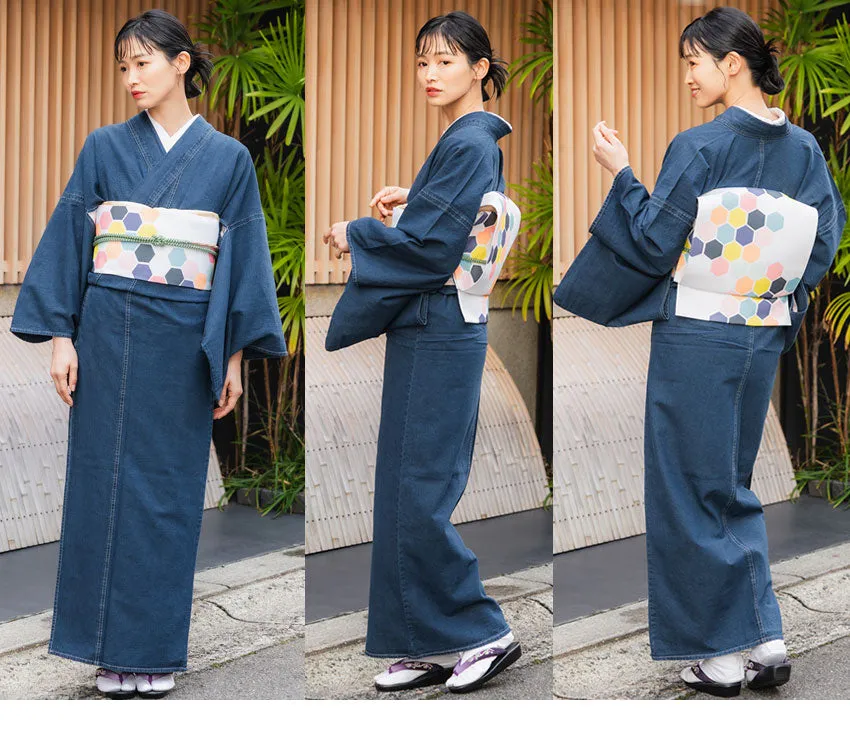 Women's Denim Kimono 4-Piece Set (Kimono, Obi, Obiage, Obijime) for everyday wear