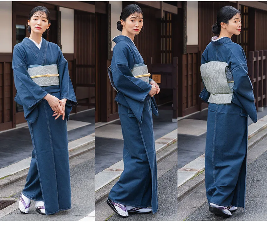 Women's Denim Kimono 4-Piece Set (Kimono, Obi, Obiage, Obijime) for everyday wear