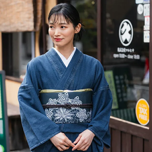 Women's Denim Kimono 4-Piece Set (Kimono, Obi, Obiage, Obijime) for everyday wear