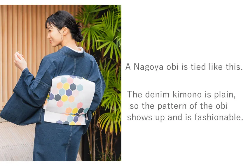 Women's Denim Kimono 4-Piece Set (Kimono, Obi, Obiage, Obijime) for everyday wear