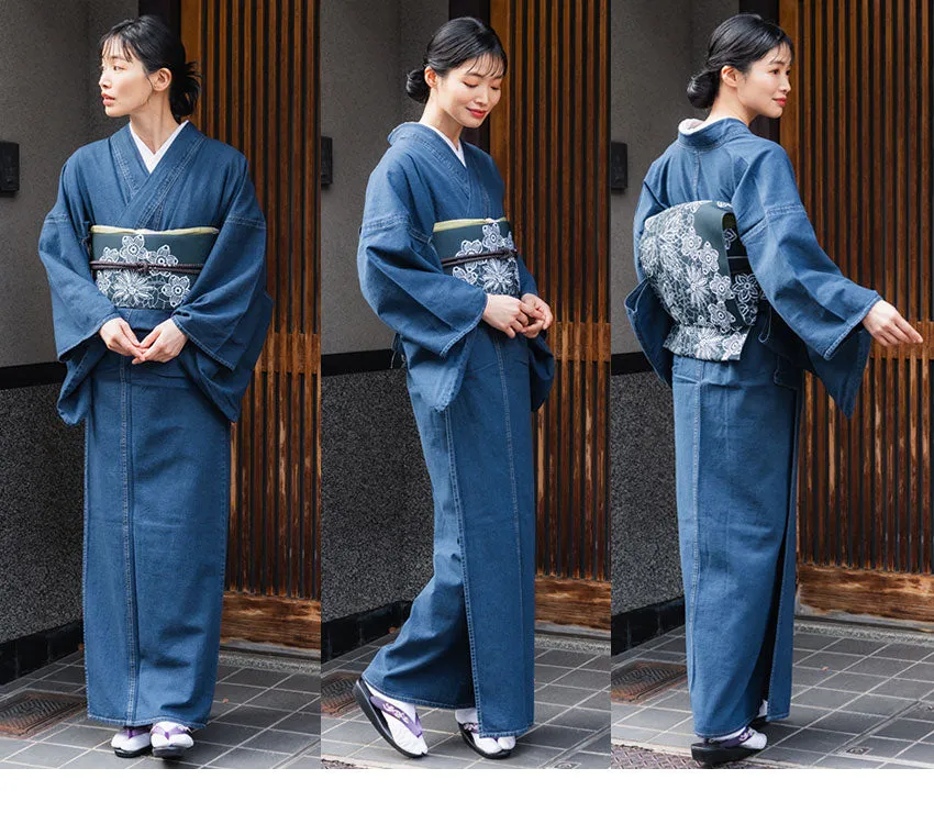 Women's Denim Kimono 4-Piece Set (Kimono, Obi, Obiage, Obijime) for everyday wear