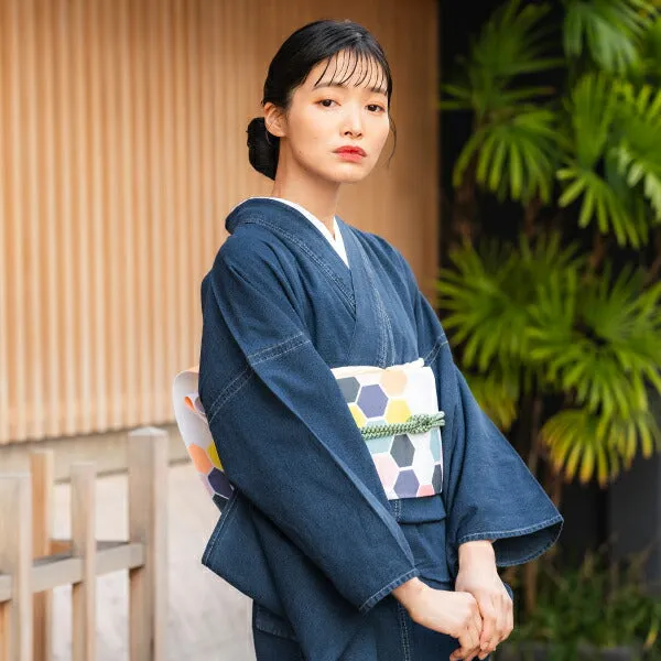 Women's Denim Kimono 4-Piece Set (Kimono, Obi, Obiage, Obijime) for everyday wear
