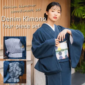 Women's Denim Kimono 4-Piece Set (Kimono, Obi, Obiage, Obijime) for everyday wear