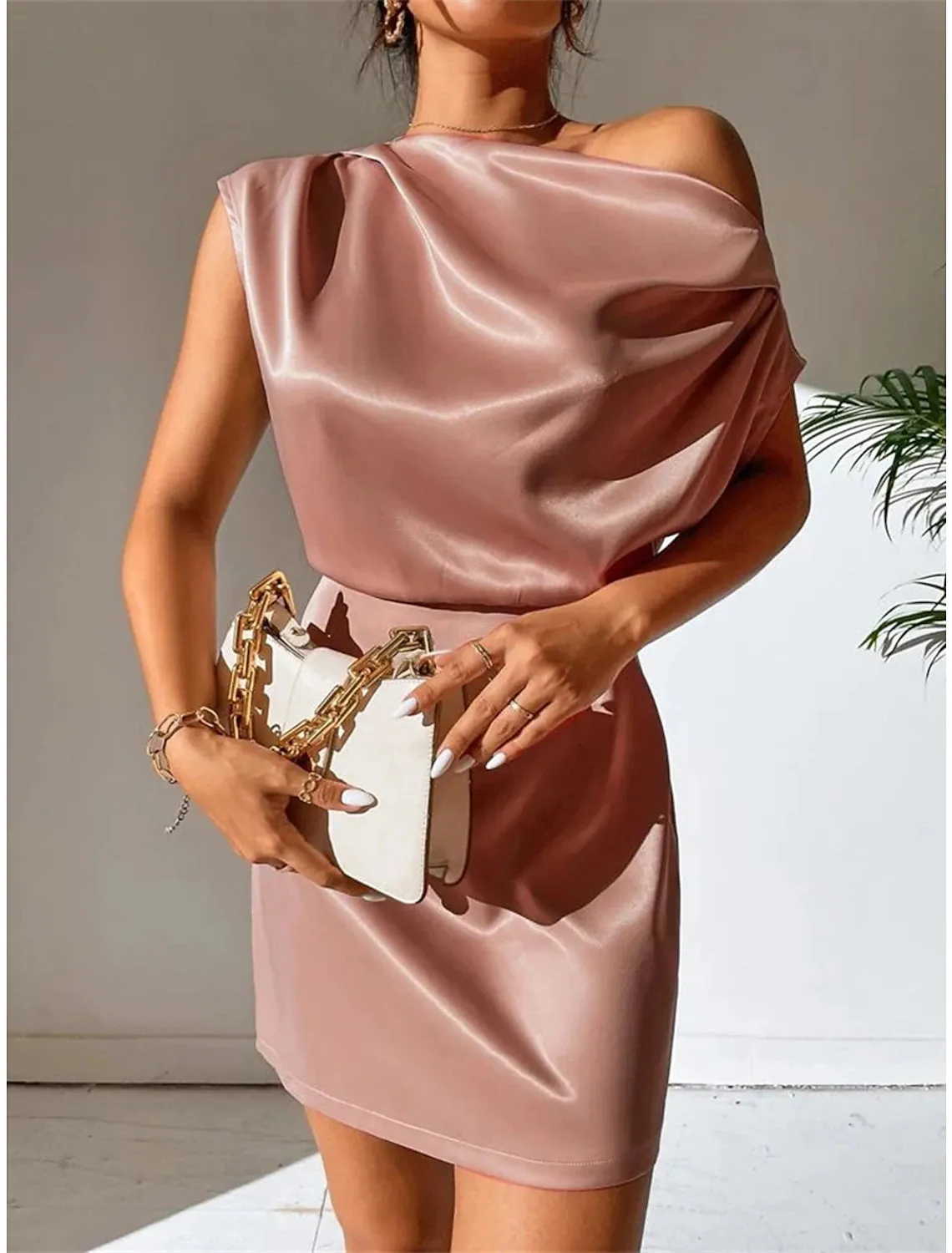 Women's Party Dress Cocktail Dress Wedding Guest Dress Mini Dress Black Pink Red Sleeveless Plain Ruched Spring Fall Winter One Shoulder Formal Winter Dress Wedding Guest Vacation