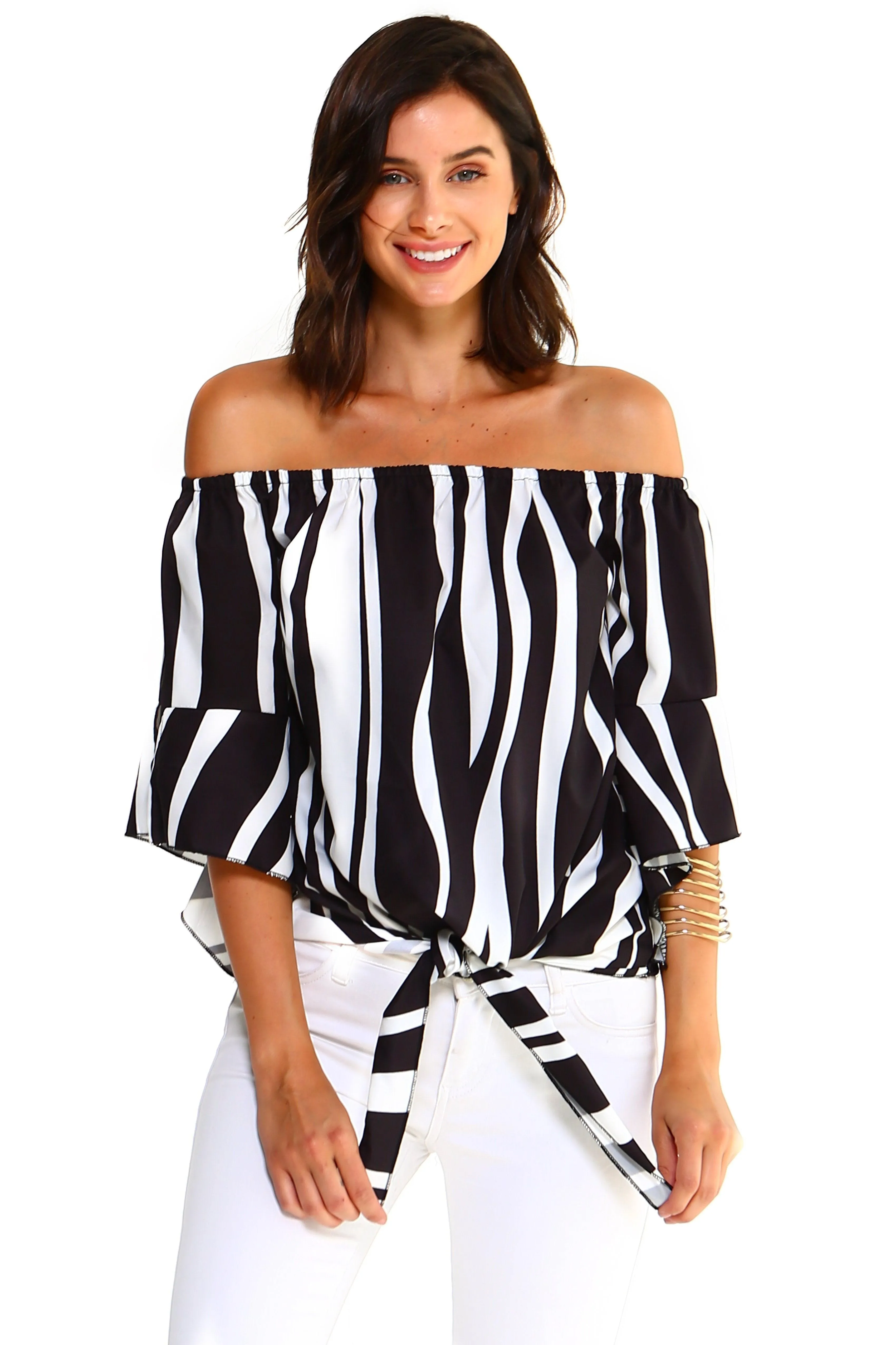 Womens Strapless Striped Bandage Blouse Tie Front Shirt