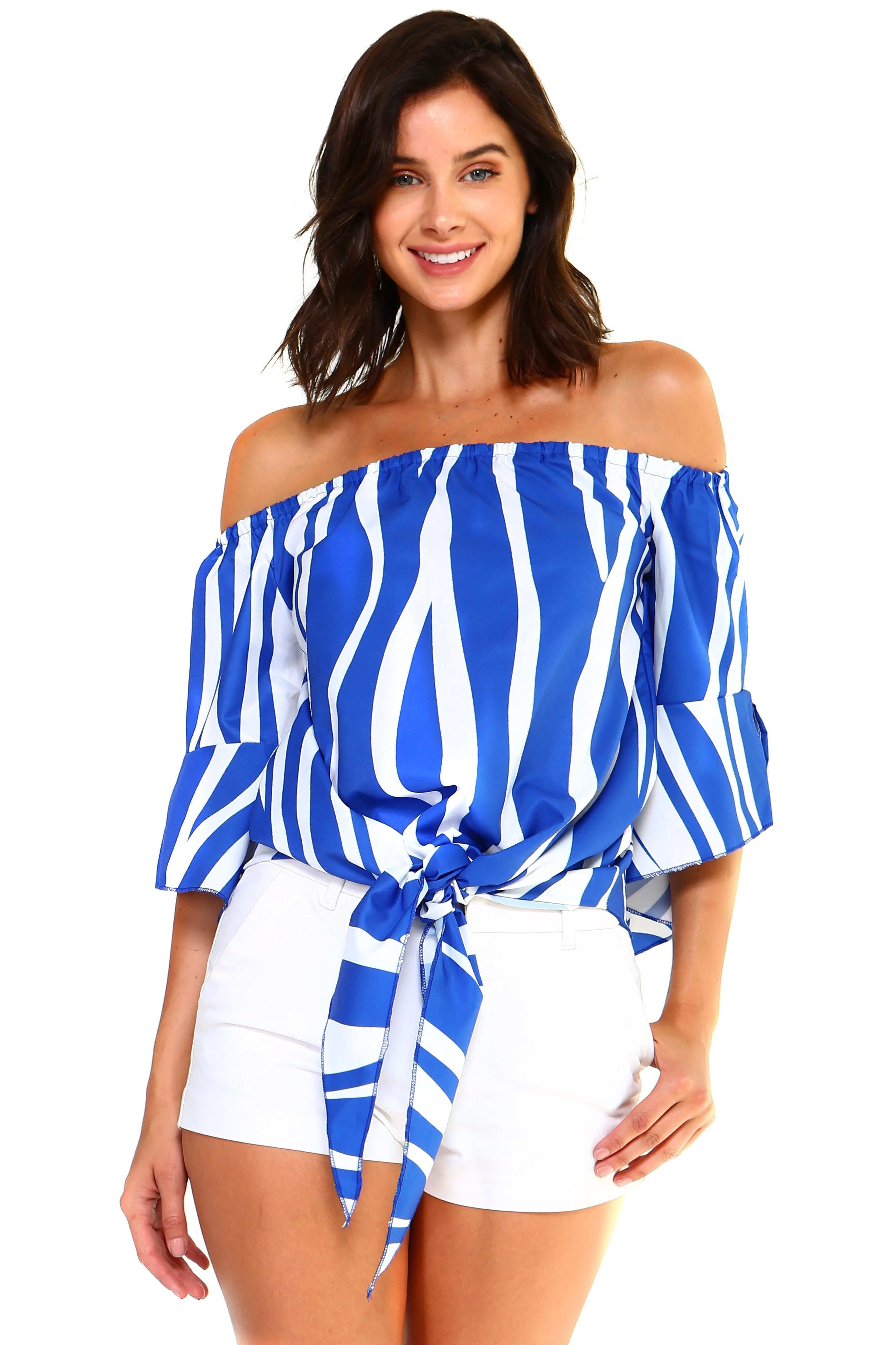 Womens Strapless Striped Bandage Blouse Tie Front Shirt