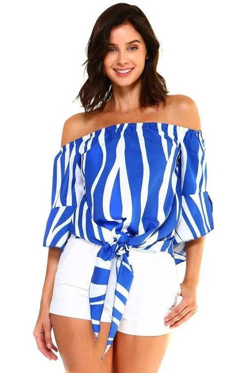 Womens Strapless Striped Bandage Blouse Tie Front Shirt
