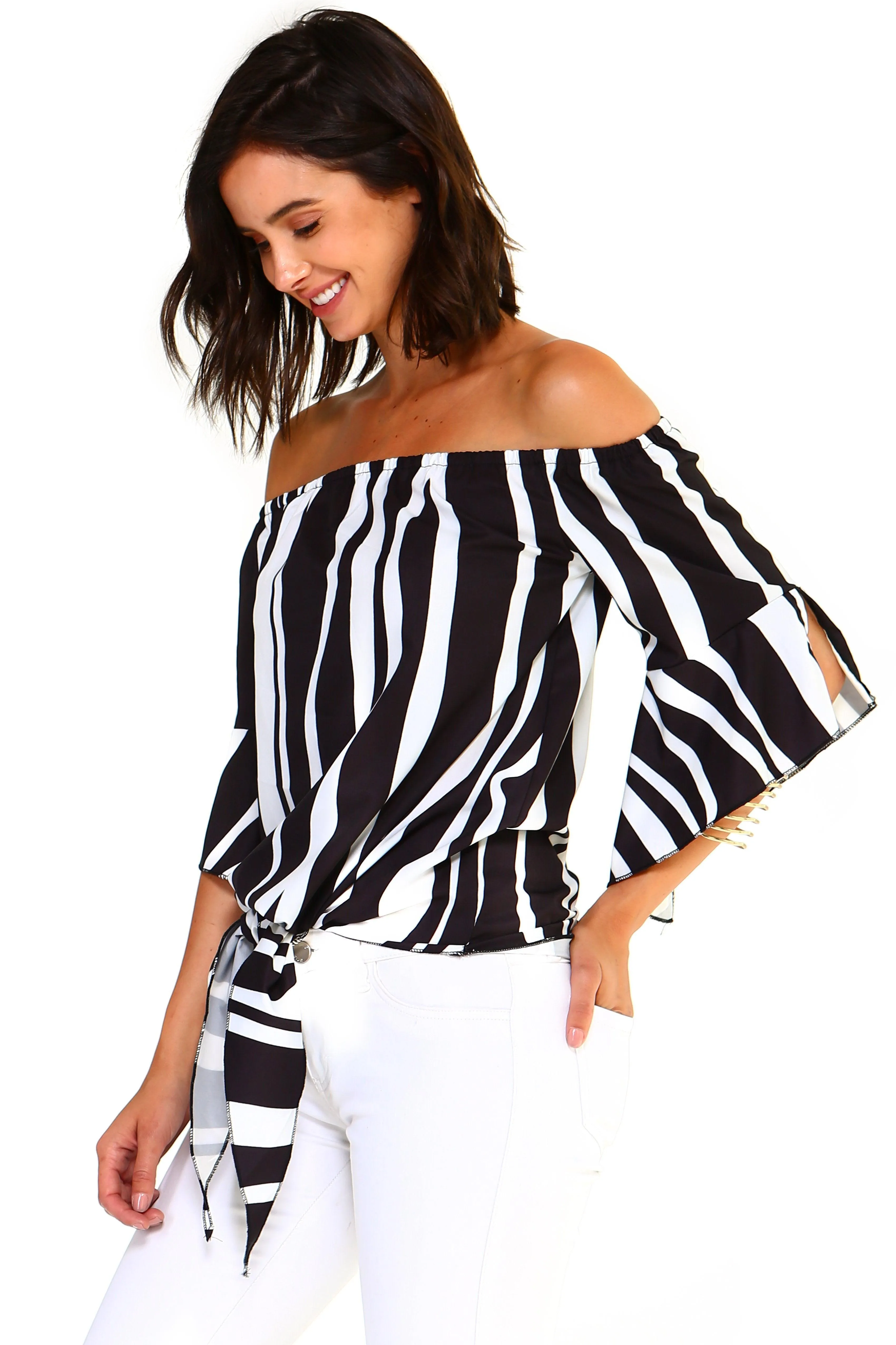 Womens Strapless Striped Bandage Blouse Tie Front Shirt
