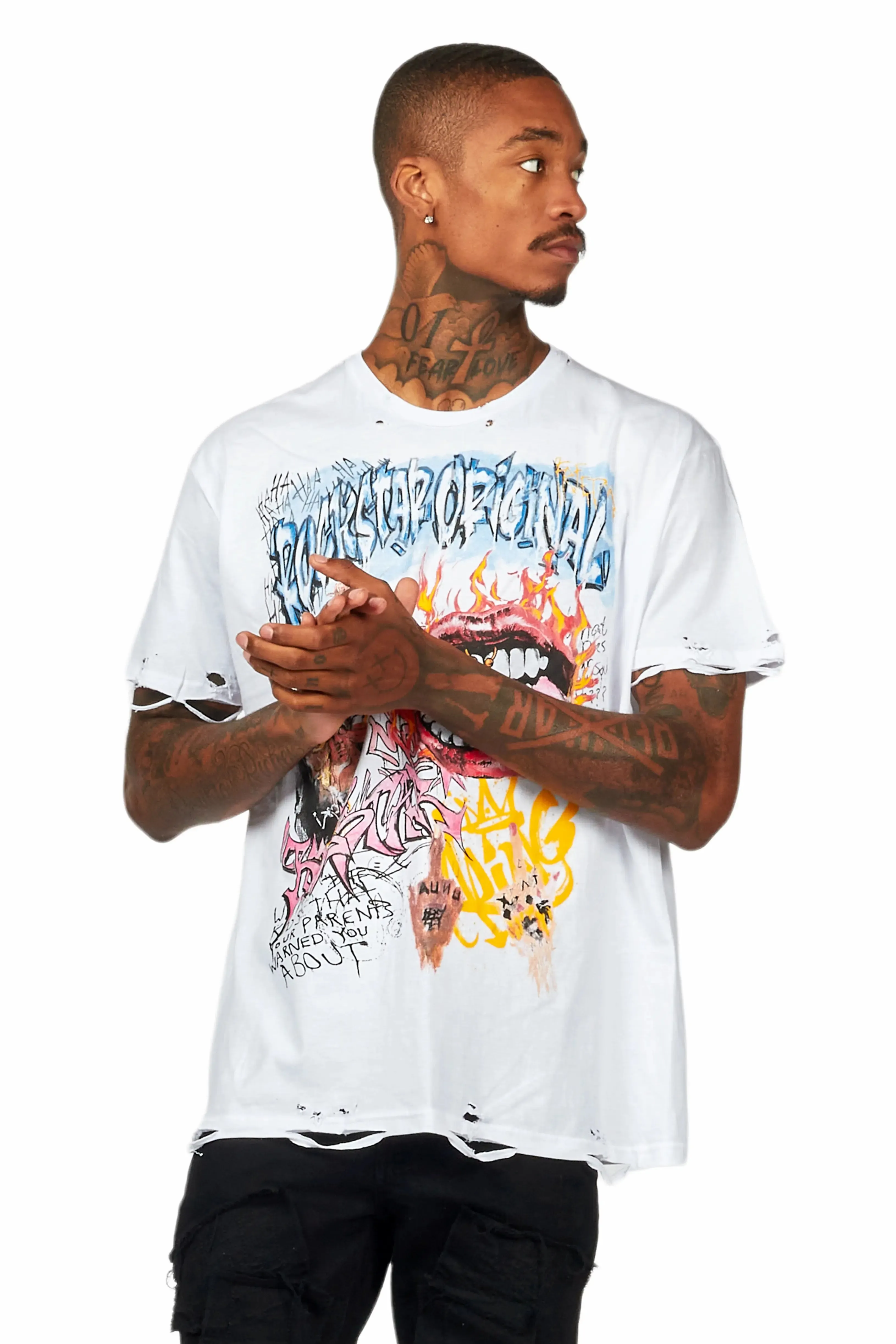 Yooz White Graphic Oversized T-Shirt